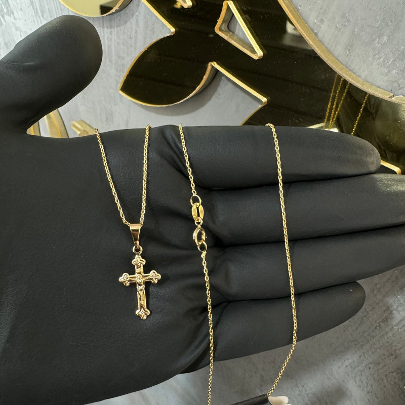 Kit Cartie cadeado 1mm 70cm + Cruscifixo com Cristo, Banhados a Ouro 18K